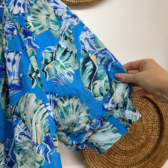 Chico's Blue White Shell Print Button Up Puff Sleeve Top Blouse 12 Summer - Picture 5 of 7